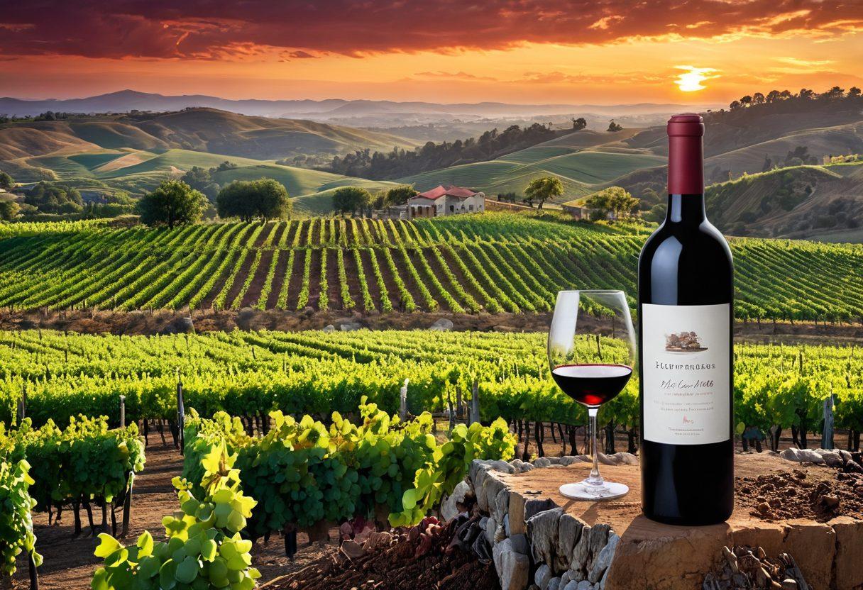 A captivating landscape showcasing a lush vineyard transitioning from vintage, rustic winemaking tools on one side to modern, sleek wine bottles on the other. The background features different terroirs like rolling hills, rocky soil, and a vibrant sunset casting warm tones over the scene. Grapes in various stages of ripeness are scattered throughout, embodying the essence of nature's influence on wine. artistic rendering. vibrant colors. super-realistic.