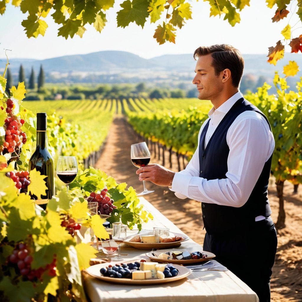 A sophisticated sommelier tasting wine amidst an elegant vineyard during a sunlit festival, featuring rows of grapevines, wine bottles, and a rustic cellar in the background. Include wine glasses with swirling red and white wines, a few cheese platters, and happy festival-goers enjoying the ambiance. Captivate the scene with soft sunlight filtering through the leaves and a picturesque landscape. watercolor painting. vibrant colors.