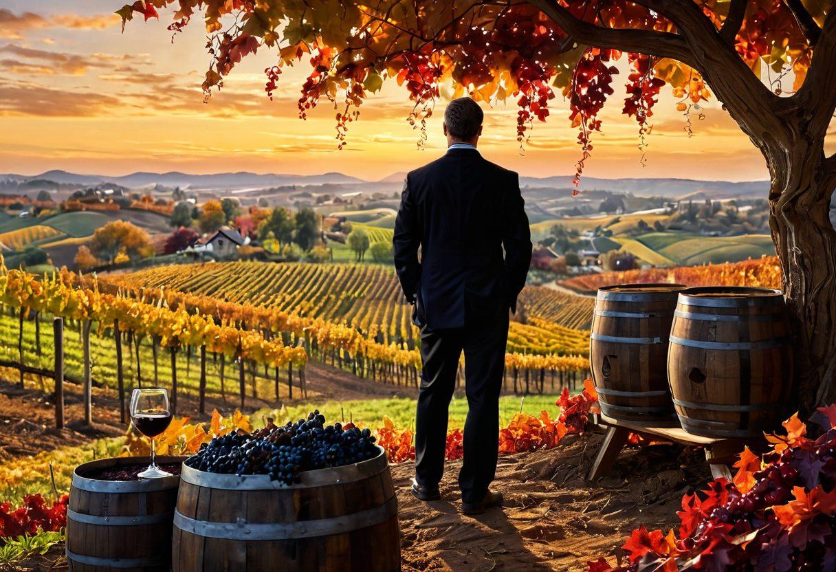 An inviting vineyard landscape at sunset, showcasing diverse grape varieties in the foreground, with a sommelier analyzing a glass of rich red wine in the foreground. Add rustic wooden barrels and sprawling vines with autumn colors in the background, emphasizing the connection between terroir and wine crafting. Capture the essence of texture in the soil and leaves. super-realistic. vibrant colors. natural light.